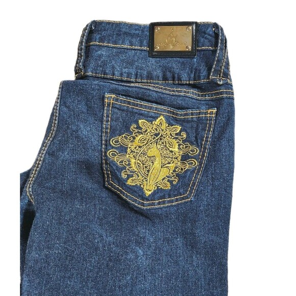 Baby Phat Denim - Baby Phat Jeans Y2K Gold Embroidered Wide Leg Flare Mid Rise Size 11 Cat Logo